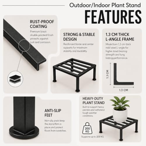 Image of Best Plant Stands for Indoors, Outdoors (Pack of 4) | Black Rust Proof | Up to 200kg Capacity | Heavy Duty Mild Steel Stand | Stylish elevated Design for modern Living Rooms and Balcony | Premium Flower Pot Stand for All Shaped Heavy Gamla, Flower Pots |