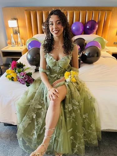 3D Butterfly Tulle Prom Dresses for Women 2025 Long Lace Applique Ball Gown Formal Evening Party Gown with Slit4