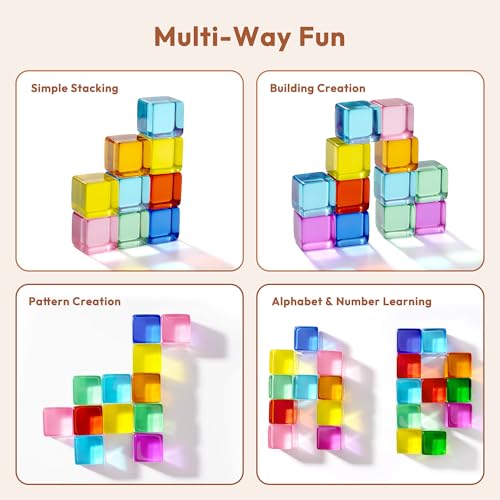 Image of Woodtoe Rainbow Building Blocks for Kids, 24 PCS Gem Blocks Toys Ages 3-6 | Acrylic Blocks, Montessori Stacking Toy for 3 4 5 6 Year Old, Educational STEM Creative Sensory Toy Gifts for Kids Boys Girls