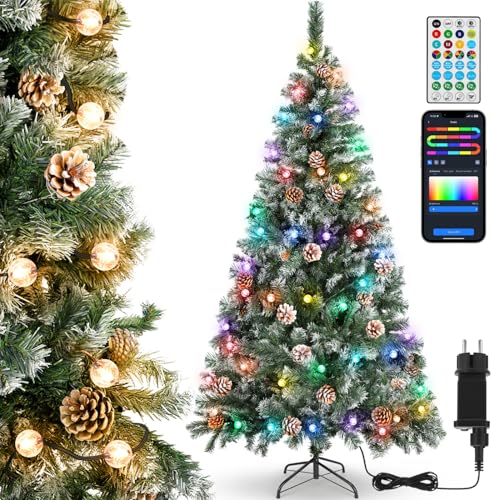 Aigostar 180 cm Árvore de Natal artificial com efeito de neve, luzes inteligentes de 10 m com 66 LEDs (bolas), 39 modos dinâmicos, Sync Musical, DIY cores. Árvore de Natal com 650 ramos, 43 ananás