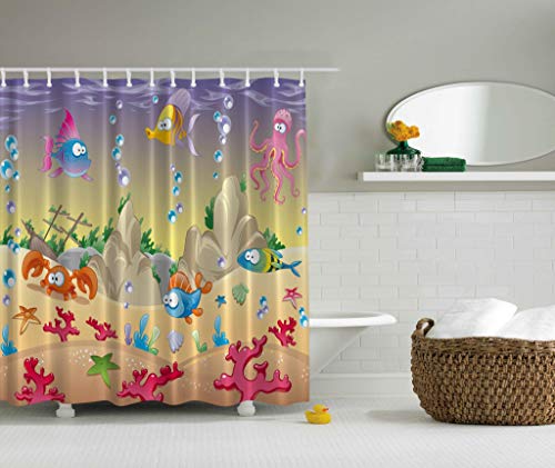 image for Ambesonne Underwater Shower Curtain, Cartoon Design Funny Sea Animals 