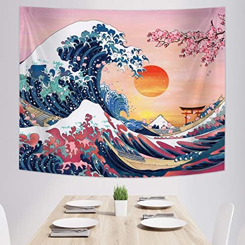 The Great Wave Tapestry Japanese Ocean Wave Wall Decorations Cherry Blossom Tree Backdrop Sunset Tapestry Wall Hanging Kanagawa Tapestry for Japanese Party Home Decorations (59 x 51 Inch)