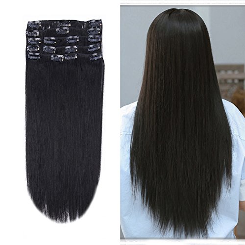 12-22inch Clip in Remy Human Hair Extensions Grade 7A Thick to End Full Head Natural Hair Long Straight 8 Pieces 18clips 95g 16"-18'', #1 Jet Black