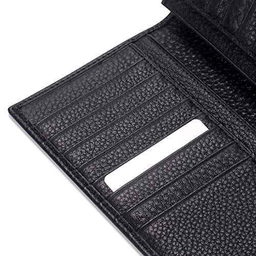 Image of HISCOW Full Grain Leather Men's Long Wallet, 15 Card Slots, Pebbled Black, One Size, Classic | Gusseted bill compartment, tall bifold design, clear ID window, ideal for coat pockets or briefcases, turned-edge, gift box