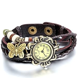 JewelryWe Damen Armbanduhr, Retro geflochten Leder Armband Armreif Armkette Uhr mit Baum Blatt Anhänger für Frau Mädchen