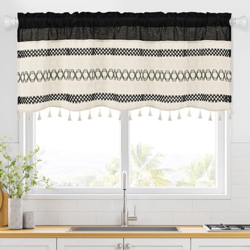 FRAMICS Farmhouse Linen Valance for Windows Boho Crochet Short Curtain with Tassel Country Black Valance for Kitchen Light Filtering Rod Pocket Window Treatment for Bathroom, 1 Panel, 52' W x 18' L