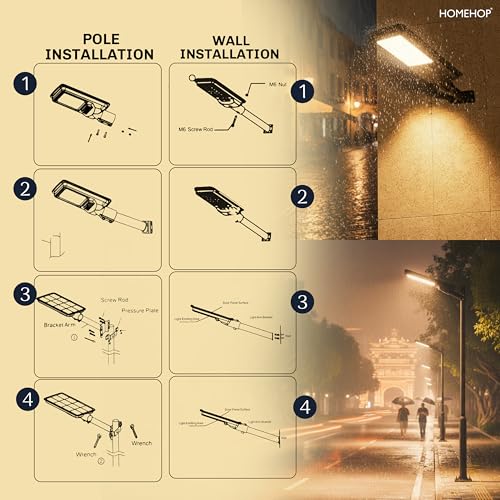 Image of Homehop Solar Light Outdoor Home Garden 50W Street Night Lamp Waterproof | Solar Street Light Outdoor Automatic Wireless Motion Sensor Security for Road, Patio, Balcony with Pole (Warm,4000mAh, ABS)