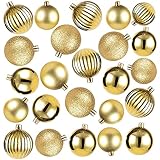 Juvale 48-Pack Mini Christmas Tree Ornaments - Gold Shatterproof Small Christmas Balls Decoration, Assorted 4-Finish Matte, Shiny, Glitter, Ribbed, Hanging Plastic Bauble Holiday Decor, 1.5 Inches