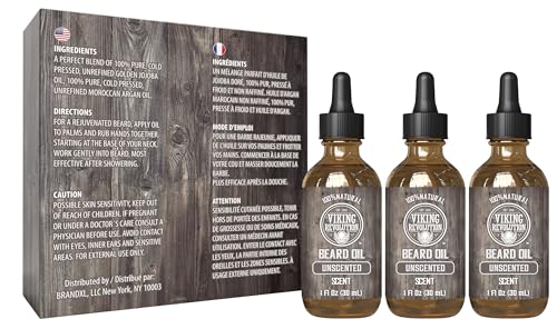 Image of Viking Revolution Beard Oil - Unscented - 1 fl oz (3 Pack) | 100% Natural Ingredients - Formulated with Argan Oil & Jojoba Oil - Softens Rough Hair & Hydrates Skin - 3 Pack Value