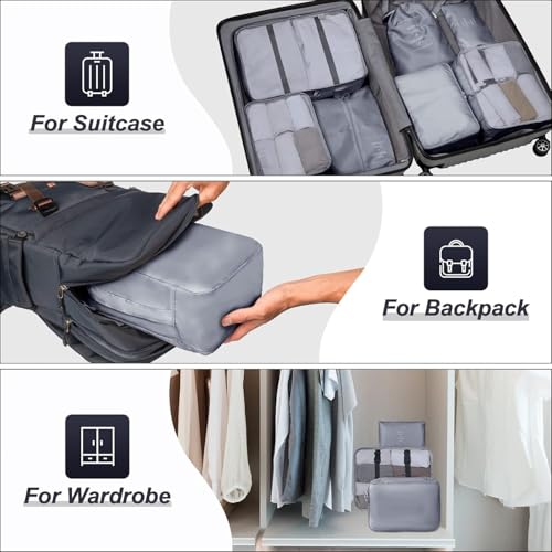Image of BEHAHAI 7 Pcs Travel Oraganizer Packing cubes kit, Sapace Saver Multi use Bag for Men and Women, Clothes packing cubes for travel, Cupboard Oraganizer cubes. (GREY)