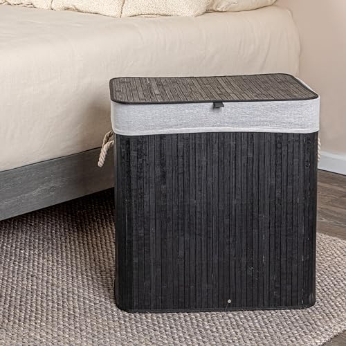 Household Essentials Bamboo Double Laundry Hamper with Rope Handles, 39-Gallons, Black by Household Essentials - Used condition - Image 3