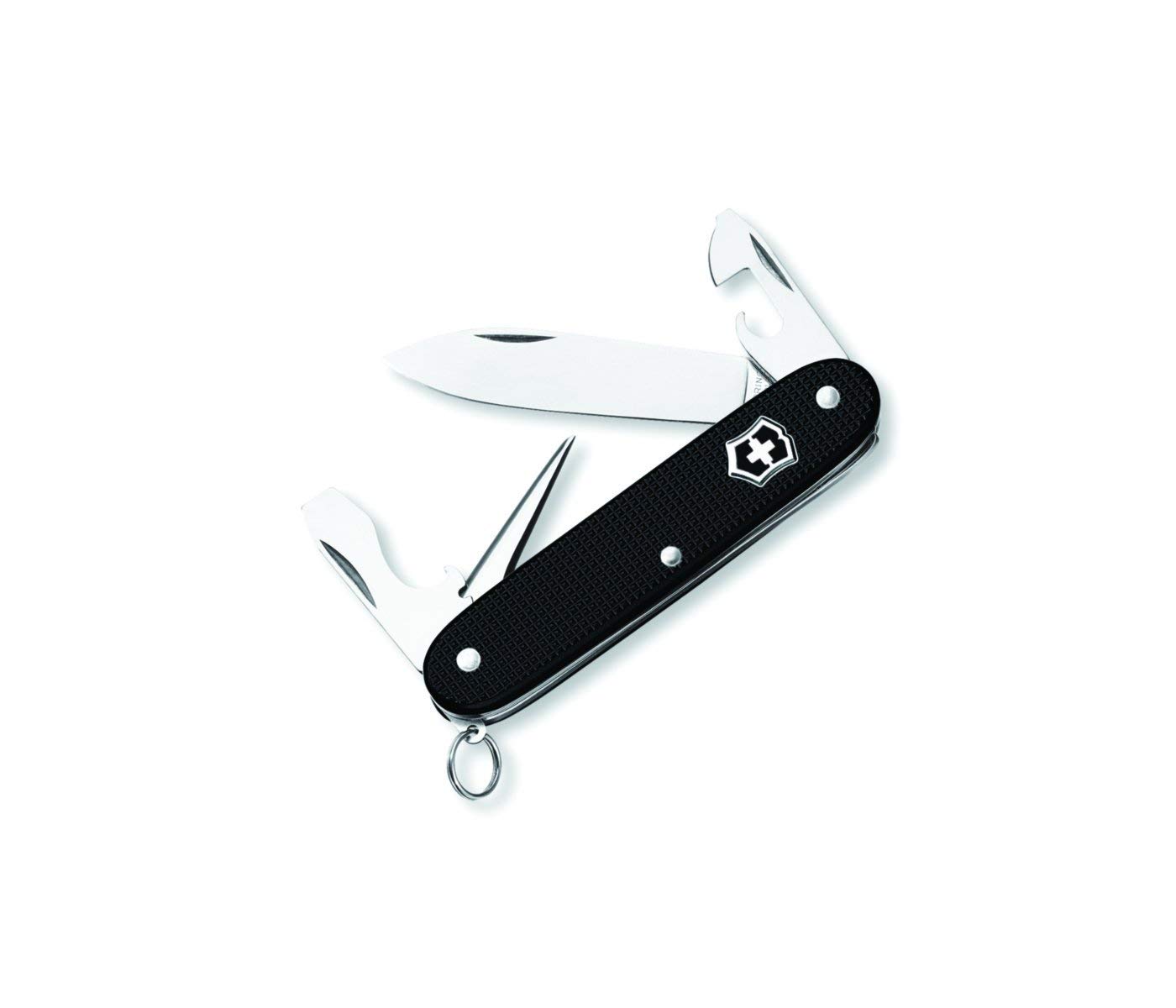 Victorinox Pioneer Alox Swiss Army Knife, 8 Function Swiss Made Pocket Knife with Reamer, Key Ring, Can Opener and Large Blade - Black
