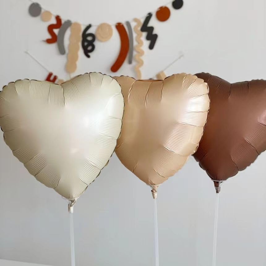 Image of Atpata Funky Boho Theme Foil Balloons - White Sand, Nude Cream, Tan Brown Caramel Shades - Stars and Hearts Shape - for Weddings, Birthdays, Baby Showers, and Party Decorations (9pcs, Hearts)