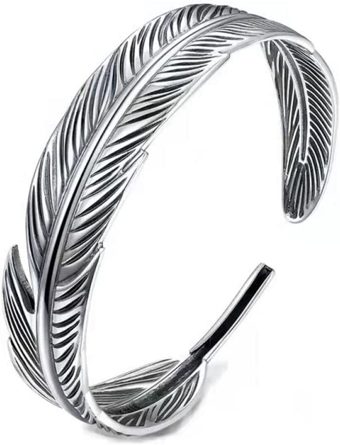 UU19EE Bracelet En Argent Sterling,Bracelet Sterling 925 Vintage Plume Détresse Large De Manchette Ethnique Réglable Ouvert Couples Amulette Pour Hommes Femmes Bijoux D'Ét