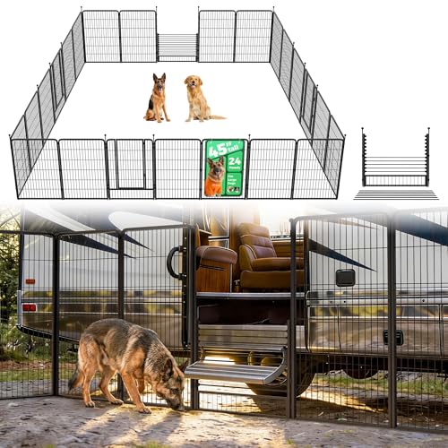 Image of FXW Instant Dog Playpen with RV Step Grid for RV Camping, 45 inch H, 24 Panels | Quick-Setup & Heavy-Duty Play Yard, Helps Close Stair Gaps, Fits 26 inch RV Step Opening, For Large Dogs, Patented
