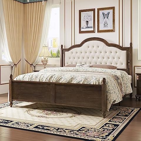 LUXOAK Wooden Bed Frame with Upholstered Headboard, King Size Sturdy Rubberwood Platform Bed with Tufted Linen, No Box Spring Needed, Easy Assembly, Walnut Cover