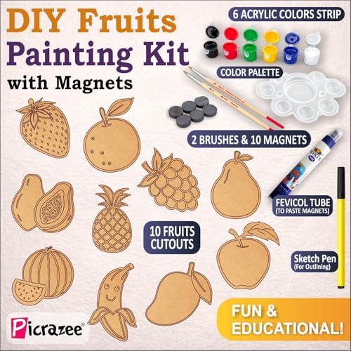 Image of PICRAZEE DIY Kit for Kids & Adults - Fruit Fridge Magnet Painting Kit (10 Designs) | Ready-to-Paint 5.5 mm Thick Wooden DIY Craft Kit with Colors, Brushes & Magnets | Screen-Free Activity (Fruits)