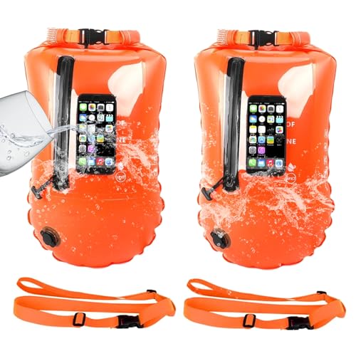 Pack of 2 Swimming Aids, Dry Bag Buoy Swimming Inflatable Dry Bag Swimming Buoy With Mobile Phone Pocket Open Water Triathlon Sports Snorkeling Racing Training Accessories Swimming Buoy Swimming Bag,