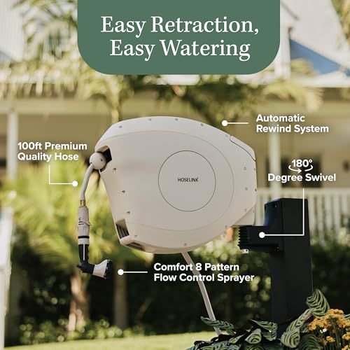 HOSELINK Classic Beige 100ft Automatic Retractable Garden Hose Reel, 1/2" UV-Stabilized Kink-Free Hose, Wall Mounted Complete Watering Solution for Backyard, Garden & Outdoor