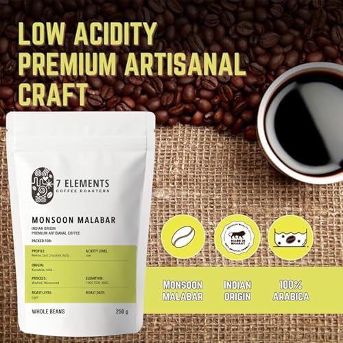 Image of 7 Elements Coffee Roasters Monsoon Malabar Ground Coffee - 250 g (Pack of 1) | Light Roast (Pour-over Grind) | 100% Arabica Freshly Roasted Coffee Grounds | AA Grade | Rich Flavorful Coffee