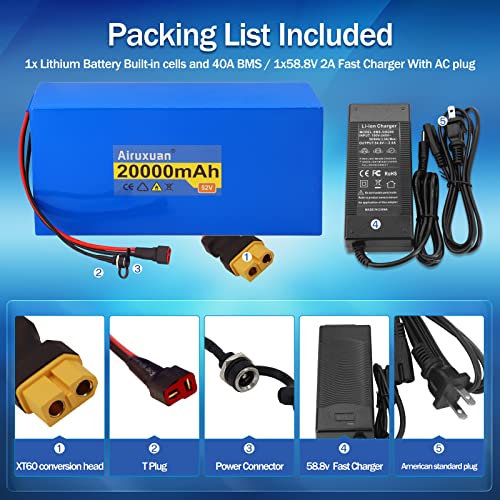 Image of 52V Ebike Battery 20Ah Electric Bike Battery with 2A Charger, T-Plug, XT60 Connector and BMS for 250-1000W Electric Bicycles Motor