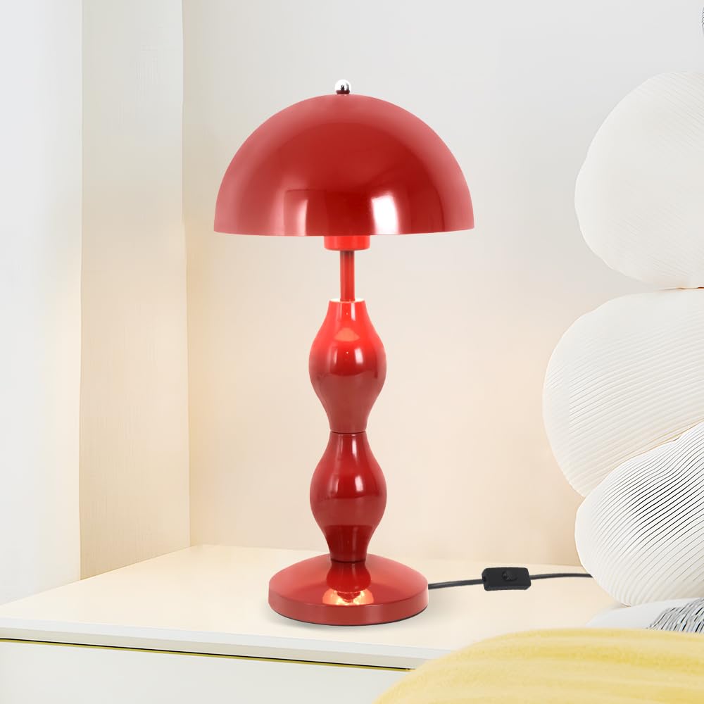 Rote Pilz Lampe Nachttischlampe,Einzigartige Dekoration,E27 Fassung,Metall | Tischlampe mit Kabel Druckschalter,Vollmetallkonstruktion mit Stabiler Basis,Warmer Roter Pilz Design mit Kürbis-Stiel