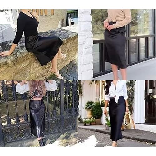 Women Satin Midi Skirt High Waist Silk Ruffle Hem Long Skirts for Women2