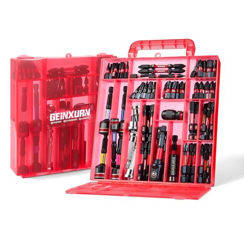 Geinxurn 99tlg. Schrauber Bits Set (Torx Kreuz PZ Hex SL) S2-Stahl Magnetische Bitsatz inkl. Bit Halter Stecknuss Adapter Steckschlüssel PH2 Bit mit Tiefenanschlag im Rot Aufbewahrungsbox