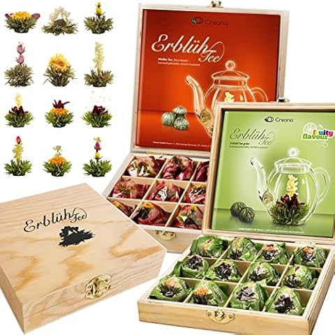Creano 2er Set Teeblumen Holzpräsentboxen ErblühTee Grüner Tee "Fruity Flavor" + Weißer Tee Cover