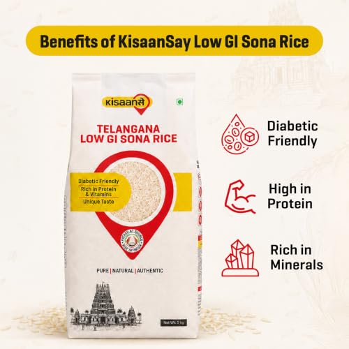 Image of KisaanSay Sugar Control Rice- Telangana Sona Rice (5 KG) | Lab Tested Low Glycemic| Diabetes-Friendly | Unpolished | High in Fiber & Nutrients | Traditionally Milled | Lightweight & Non-Sticky | supports healthy weight & blood sugar