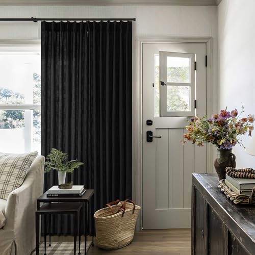 Image of Black Pinch Pleated Linen Curtains 84 Inches Long Semi Sheer 1 Panel | for Living Room Bedroom, Light Filtering, Modren, Farmhouse, Window Drape, with Hooks Rings, Back Tab, Sliding Glass Door