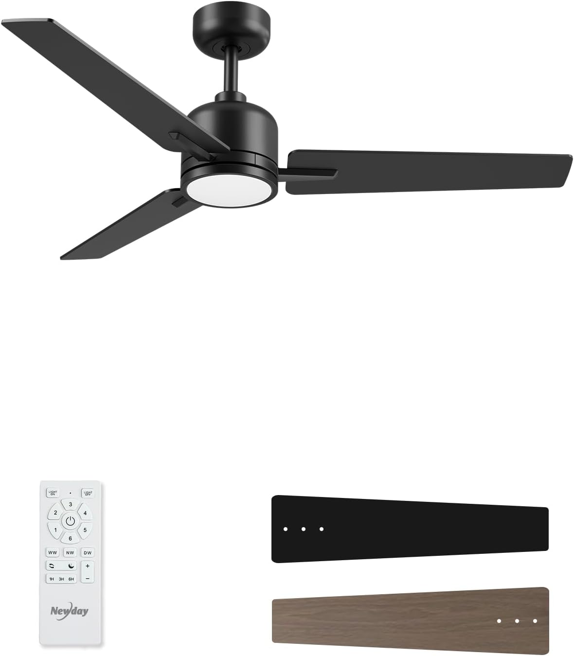 Newday 52 Inch Ceiling Fan with Light and Remote, 3-Color Temperature Adjustable LED, 6-Speed Quiet Reversible DC Motor, Timer Function, for Bedroom Living Room Farmhouse Indoor Outdoor Black? Neutral Brown Wood 52 INCH