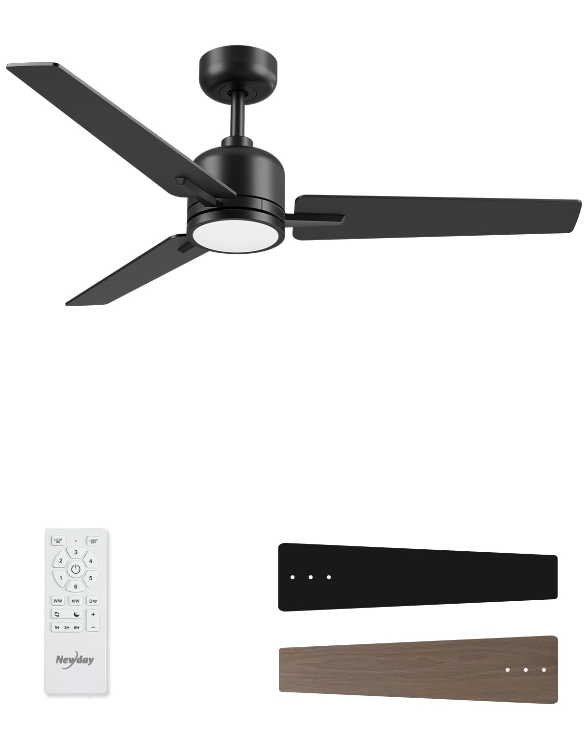 Newday 52 inch Ceiling Fans with Lights and Remote, Black 3 Blade