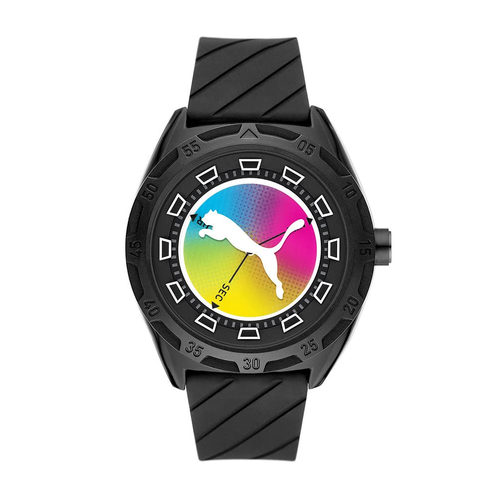 PUMA Reloj para Hombre Street de Tres manecillas, plástico biológico Fabricado con Aceite de ricino, tamaño de Caja de 48 mm con Correa de Silicona