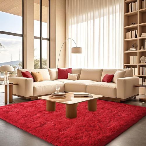 Red Rugs for Bedroom 5x7 ft - Ultra Soft Faux Fur Area Rug - Plush Non-Slip Shaggy Carpet for Living Room, Cozy Fluffy Rug for Kids Boys Girls Dorm Nursery Room, High Pile Floor Carpet