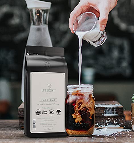 Image of Lifeboost Half Caff Medium Roast Whole Bean Coffee - Low Acid Organic Coffee, Non-GMO, USDA Organic, Single Origin, Third-Party Tested for Mycotoxins & Pesticides - 12 oz Bag