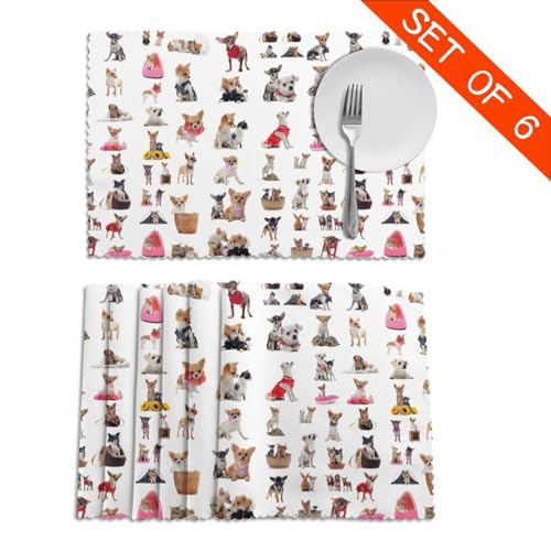 Charmante Tischsets mit Chihuahua-Mopsmuster, für Esstisch, hochtemperaturbeständig, rutschfeste Matten, leicht zu reinigen, 30 x 45 cm, 6 Stück