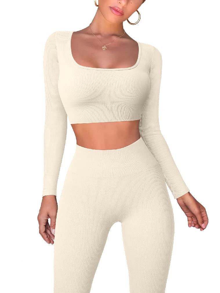 OQQWorkout Outfits for Women 2 Piece Ribbed Exercise Long Sleeve Tops High Waist Leggings Active Yoga Set