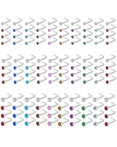 180Pcs 20G Surgical Stainless Steel Nose Rings Hoops Straight/L Shapes Nose Studs 2.0/2.5/3.0mm Cubic zirconia Hypoallergenic Nose Studs Silver Gold Rose Gold Black Rainbow Blue Lip Rings Nose Rings Piercing Jewelry Set for Women Men