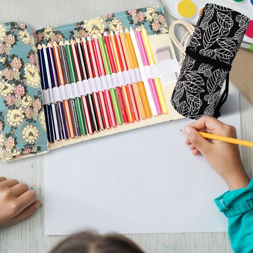 Image of Yitexin 72 Slots Canvas Pencil Roll Wrap, Handmade Roll-Up Pencil Case Pouch Fabric, Large Capacity Pencil Case Holder Organizer for Artists Painting, Sketchers (Black & Leaf)