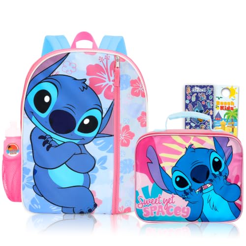 Disney Mochila Stitch e lancheira para meninas, crianças – Pacote com bolsa escolar de 40,6 cm, lancheira, garrafa de água, adesivos, mais | Mochila Lilo e Stitch com conjunto de lancheira
