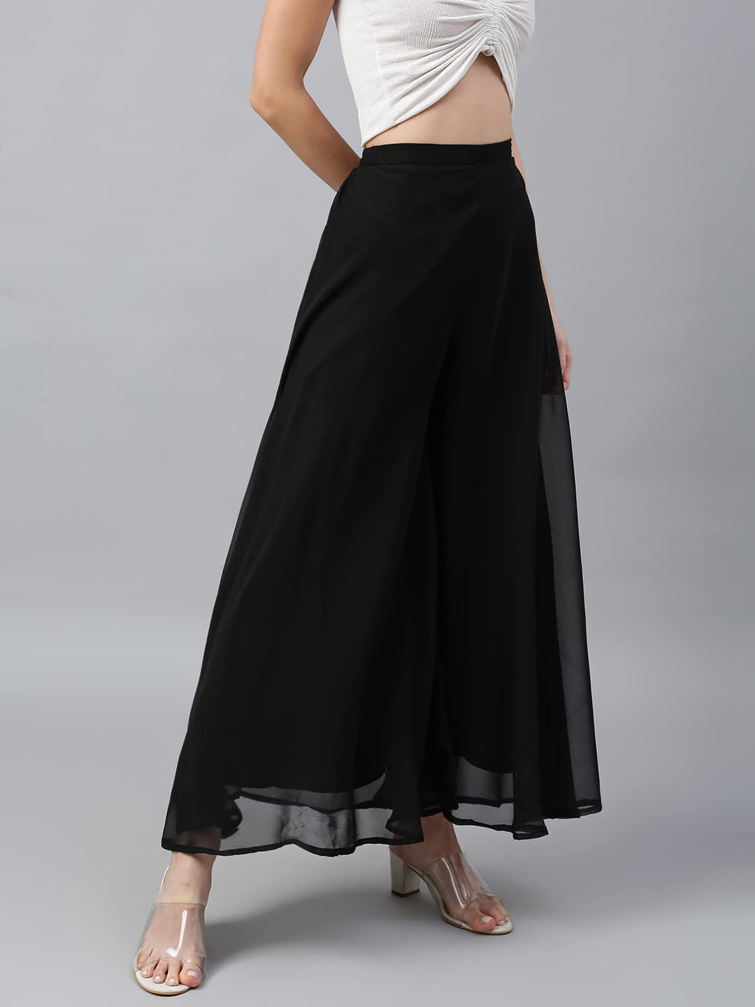 RATAN Women High Rise Georgette Flared Freesize Relaxed Fit Sharara Palazzo Pant With Lining (Black_Onesize) Free Size 1