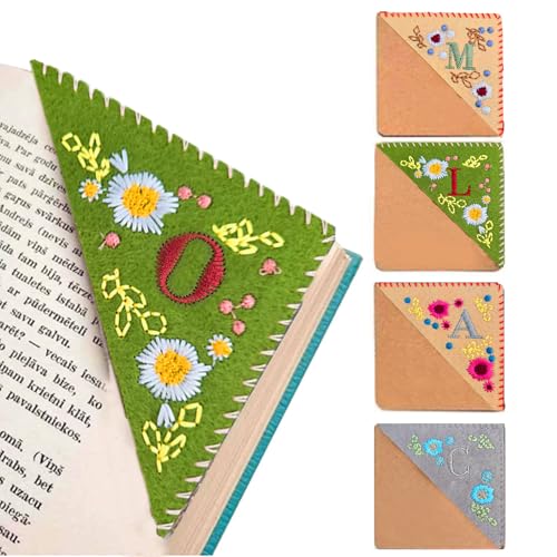 Marcador de página personalizado bordado à mão, marcador de página de triângulo de feltro, bordado de letras de flores para amantes de livros (verde verão O)