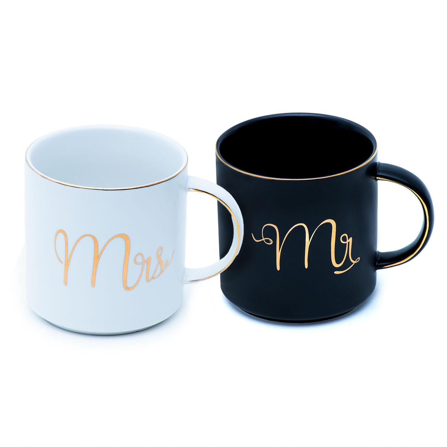 Intirilife Kubek do kawy w kolorze białym i czarnym ze złotą obwódką i napisem Mr and Mrs na każdym kubku - pojemność 300 ml - kubek prezentowy z uchwytem ślubnym