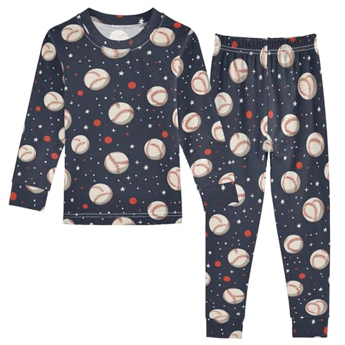 Simple Cute Baseball Pattern Cute Pajama Sets Long Sleeve Top and Pants, Snug Fit Sleepwear for Night Wears