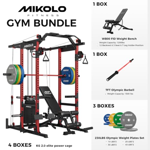 Image of Mikolo K6 2.0 Power Cage, Power Rack with Cable Crossover System, 2000LBS Squat Rack with LAT Pull Down System, Functional Trainer with Aluminum Pulley System for Home Gym