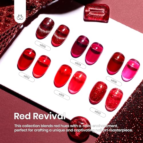 Beetles Red Gel Nail Polish Set, Gel Polish 6 Colors Cat Eye Glitter Burgundy Bright Jelly with Magnet, Soak Off LED Lamp DIY Salon at Home Manicure Gifts for Women Red Revival