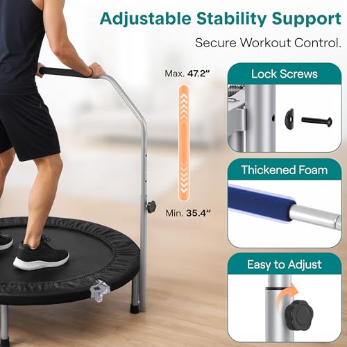 Image of SereneLife 40 inch Foldable Mini Trampoline for Adults - Compact Fitness Rebounder with Adjustable Foam Handle, Exercise Trampoline with Max Load 330lbs, Indoor /Garden Whole-Body Workout