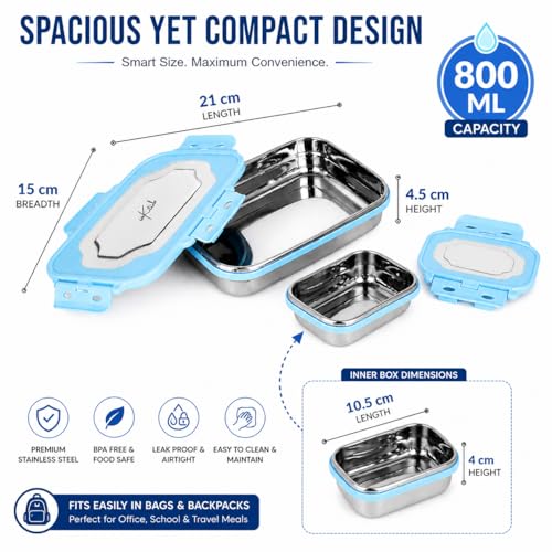 Image of Insulated Stainless Steel Lunch Box Combo Set 800ml with Airtight Leak-Proof Clip Lock Lid, Durable