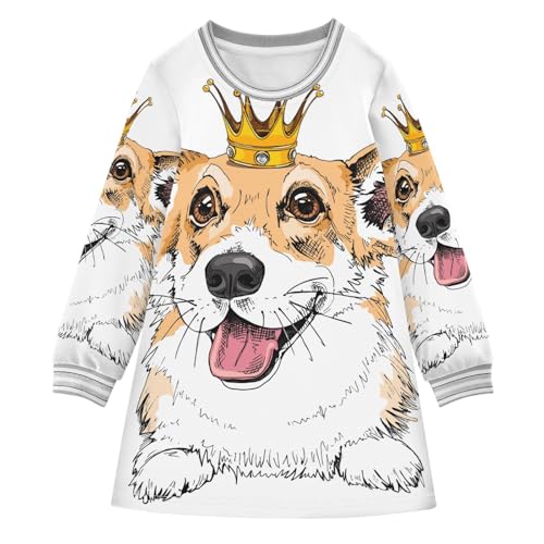 OTVEE Toddler Girl Long Sleeve Dress Corgis Dog in The Crown Casual Tunic Playwear Basic Party Dresses,5-6T